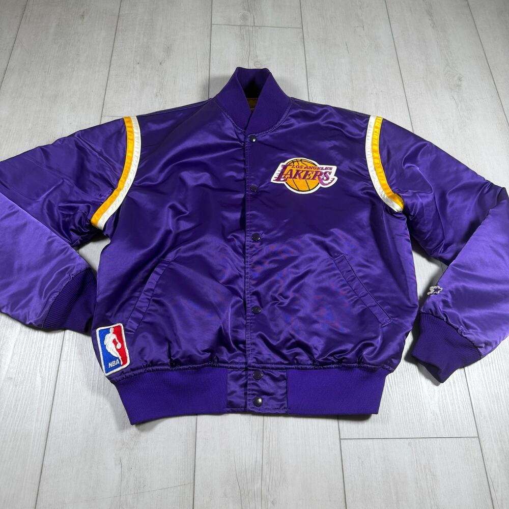 Starter NBA Lakers Satin Bomber Puffer Jacket Vintage Purple Basketball Men XL